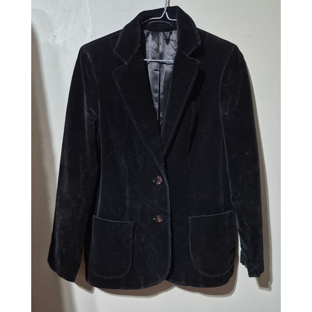 Vintage Black Velvet Blazer Women Two Button Lined Patch Pocket Jacket